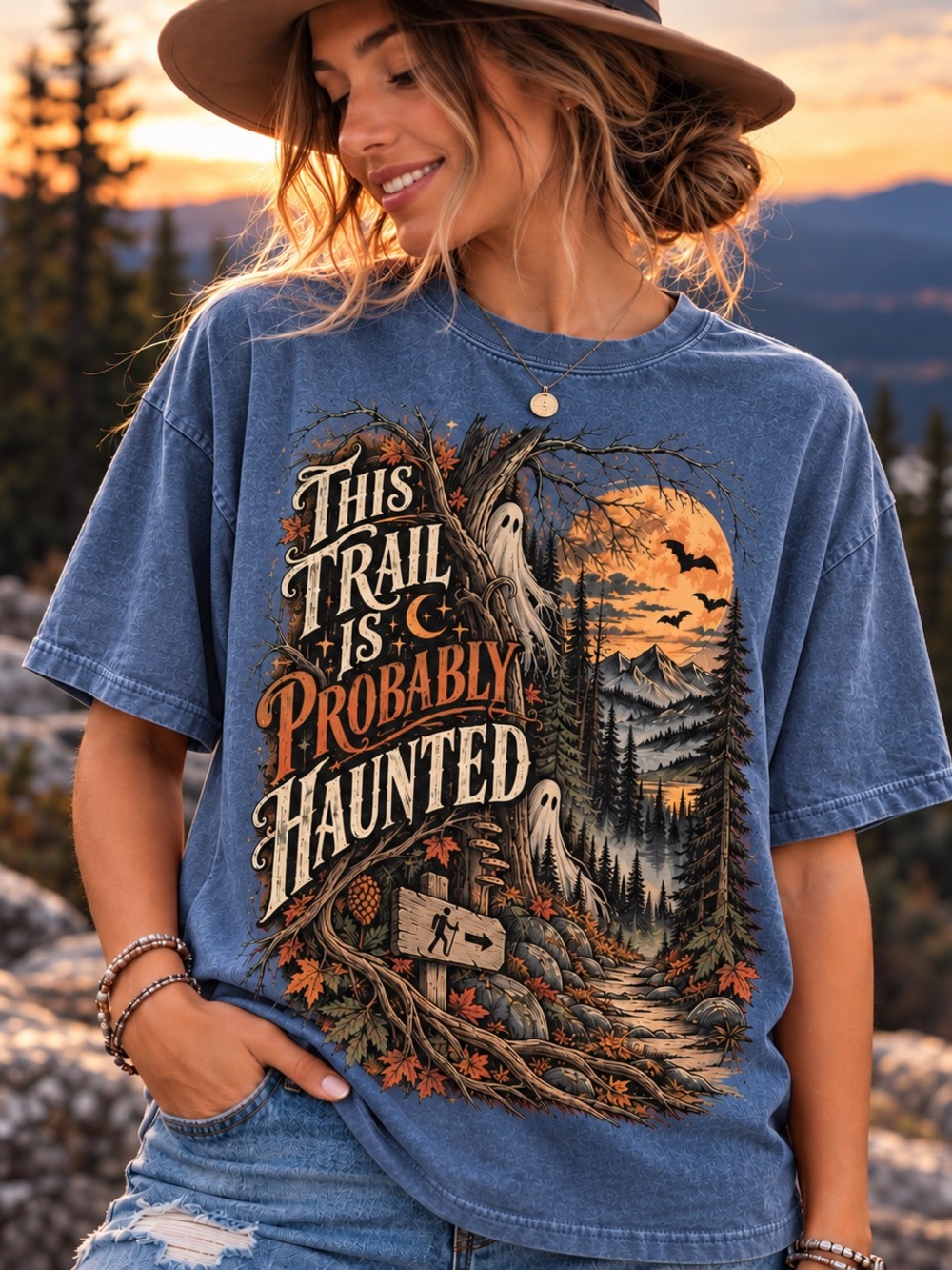 Spooky Season Short Sleeve Tee - "This Trail Is Probably Haunted" Vintage denim